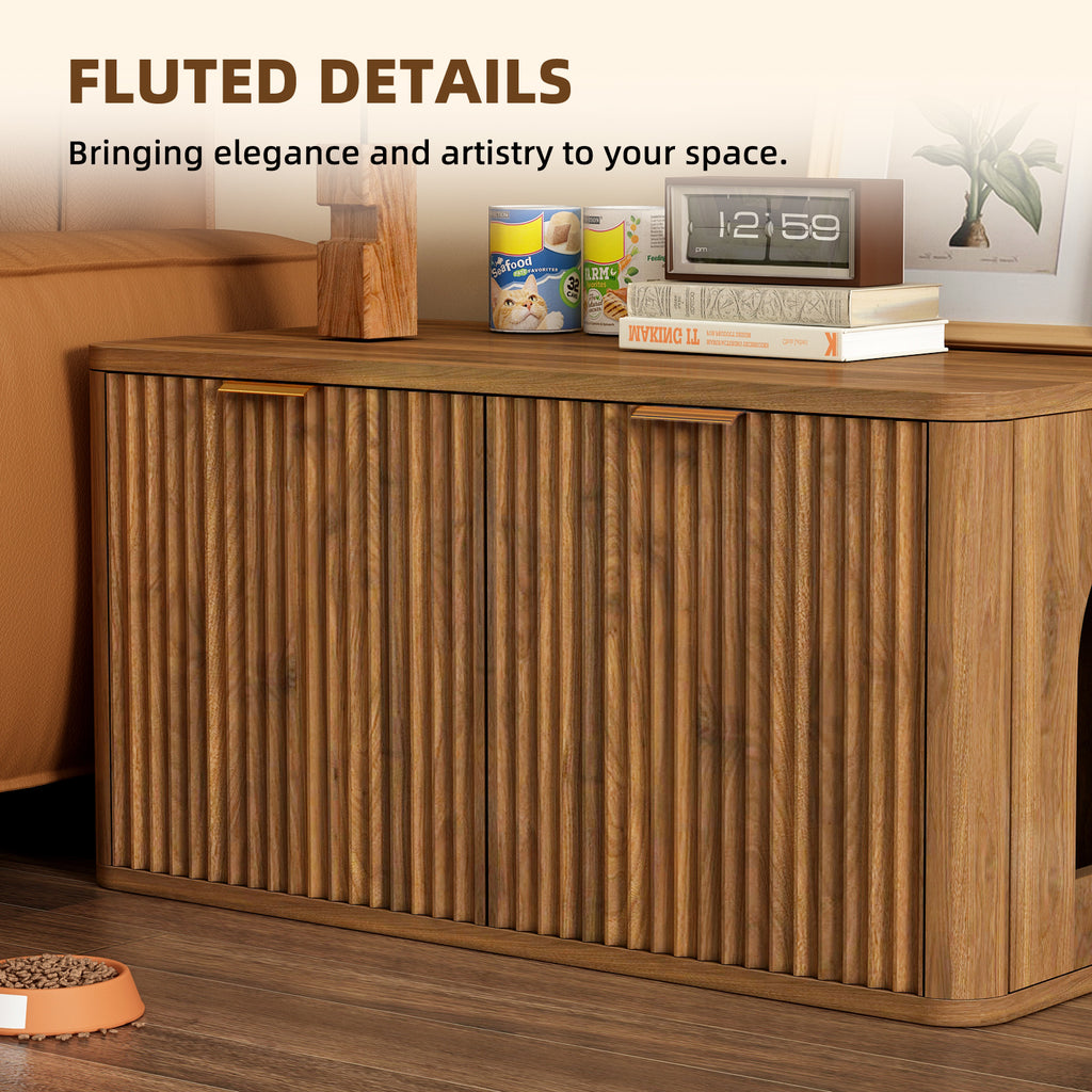 31.5" Walnut Cat Litter Box Enclosure Furniture, Large Decorative Hidden Litter Box Cabinet, Fluted Mid Century Modern Kitty End Table for Living Rooms, Bedrooms, Entryways (WALNUT)
