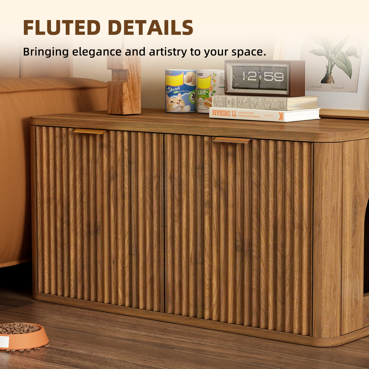 31.5" Walnut Cat Litter Box Enclosure Furniture, Large Decorative Hidden Litter Box Cabinet, Fluted Mid Century Modern Kitty End Table for Living Rooms, Bedrooms, Entryways (WALNUT)