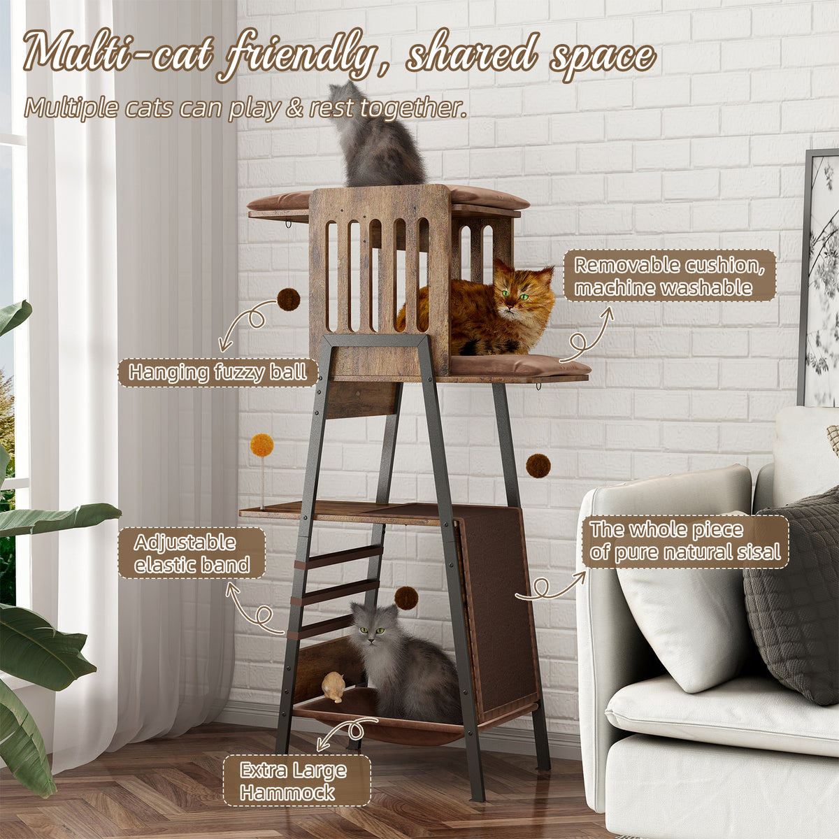 Modern Cat Tree, 58-Inch Cat Tower for Large Cats, Maine Coon Cat Tree with Scratching Board, Large Perch, Hammock and Removable Pads, Rustic Brown