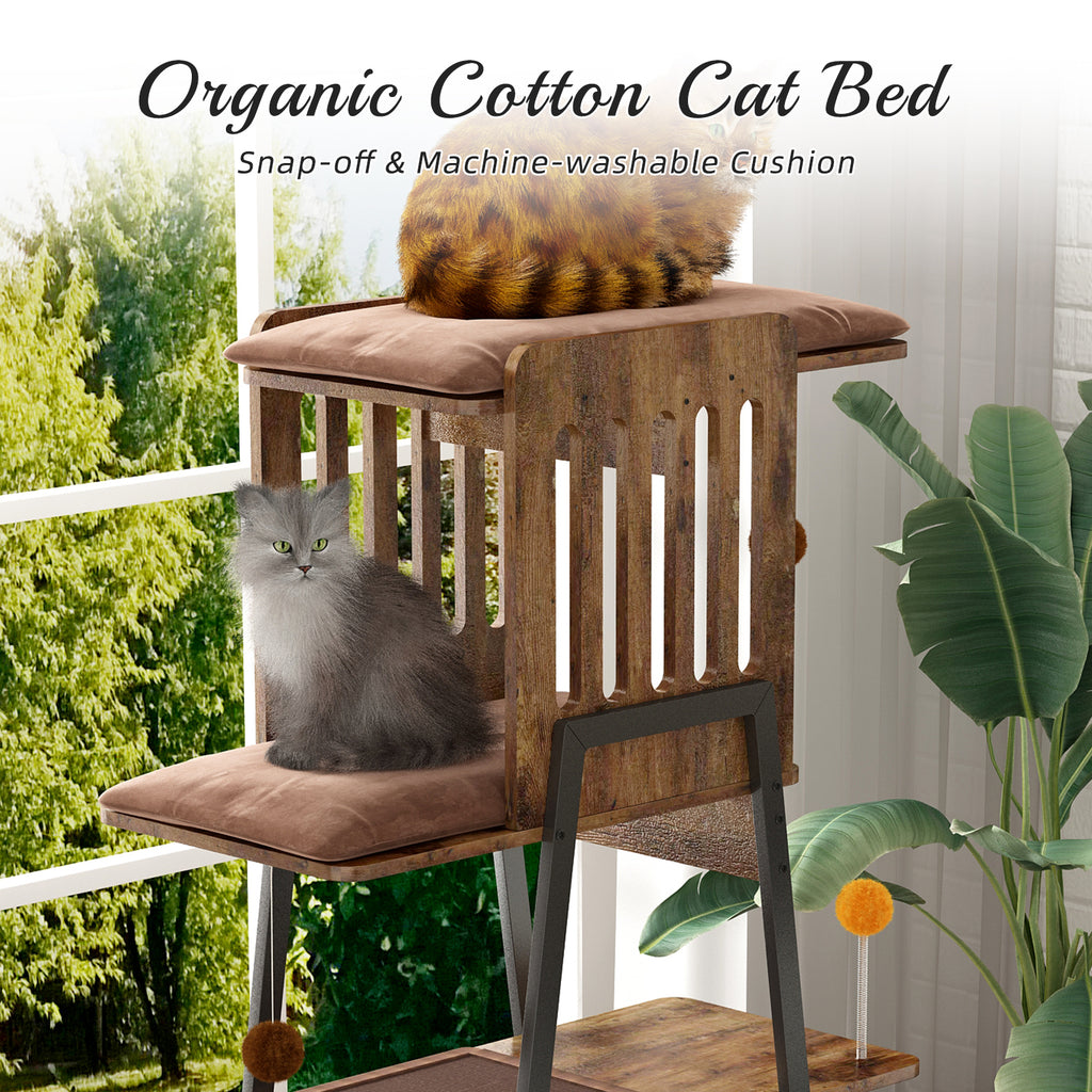 Modern Cat Tree, 58-Inch Cat Tower for Large Cats, Maine Coon Cat Tree with Scratching Board, Large Perch, Hammock and Removable Pads, Rustic Brown