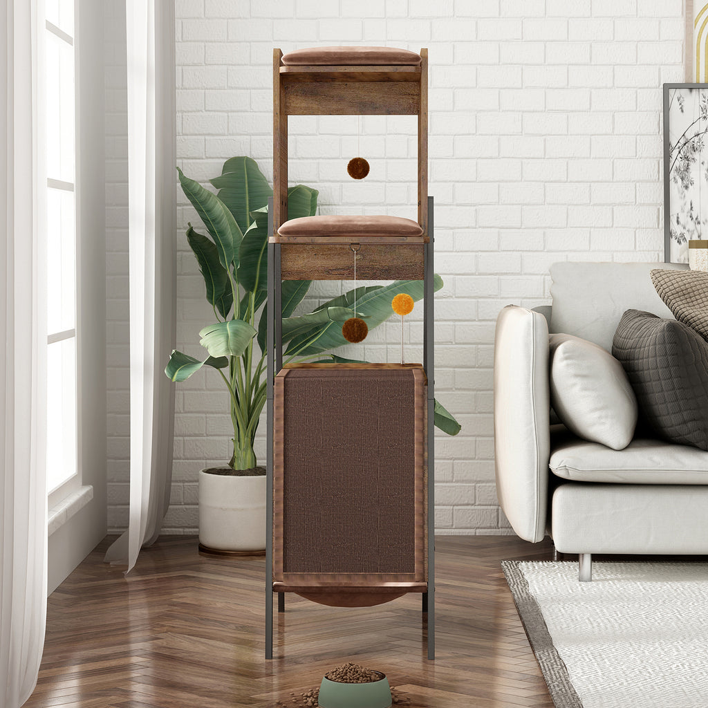 Modern Cat Tree, 58-Inch Cat Tower for Large Cats, Maine Coon Cat Tree with Scratching Board, Large Perch, Hammock and Removable Pads, Rustic Brown