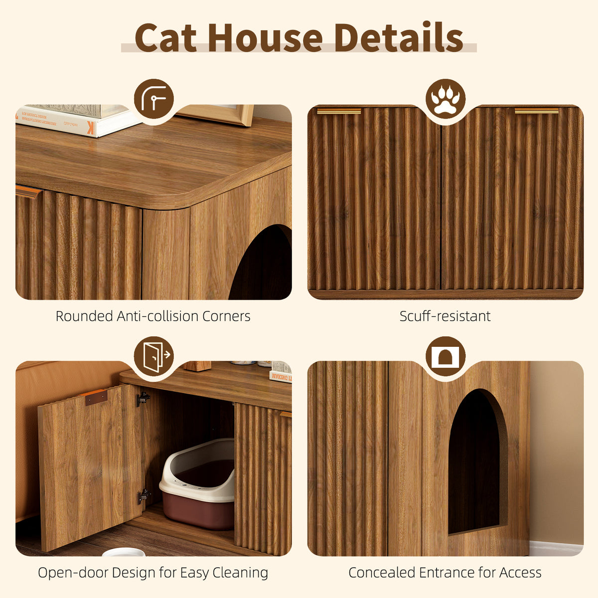 31.5" Walnut Cat Litter Box Enclosure Furniture, Large Decorative Hidden Litter Box Cabinet, Fluted Mid Century Modern Kitty End Table for Living Rooms, Bedrooms, Entryways (WALNUT)