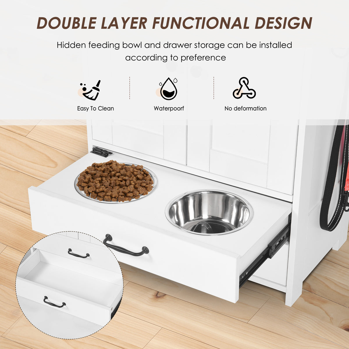Dog feeding station, double door locker with 2 adjustable dog bowls, 3 hooks on right side, white