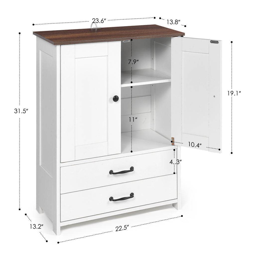 Dog feeding station, double door locker with 2 adjustable dog bowls, 3 hooks on right side, white