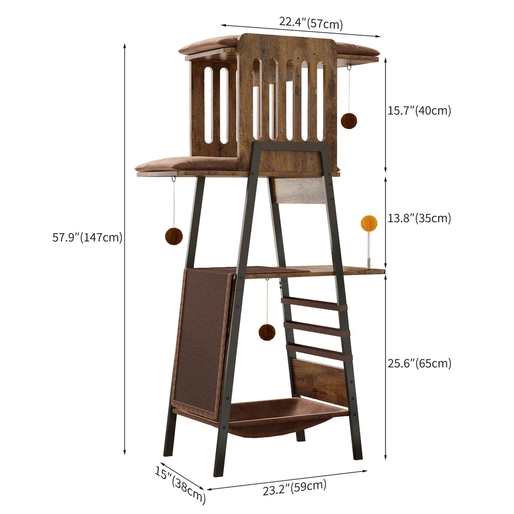 Modern Cat Tree, 58-Inch Cat Tower for Large Cats, Maine Coon Cat Tree with Scratching Board, Large Perch, Hammock and Removable Pads, Rustic Brown