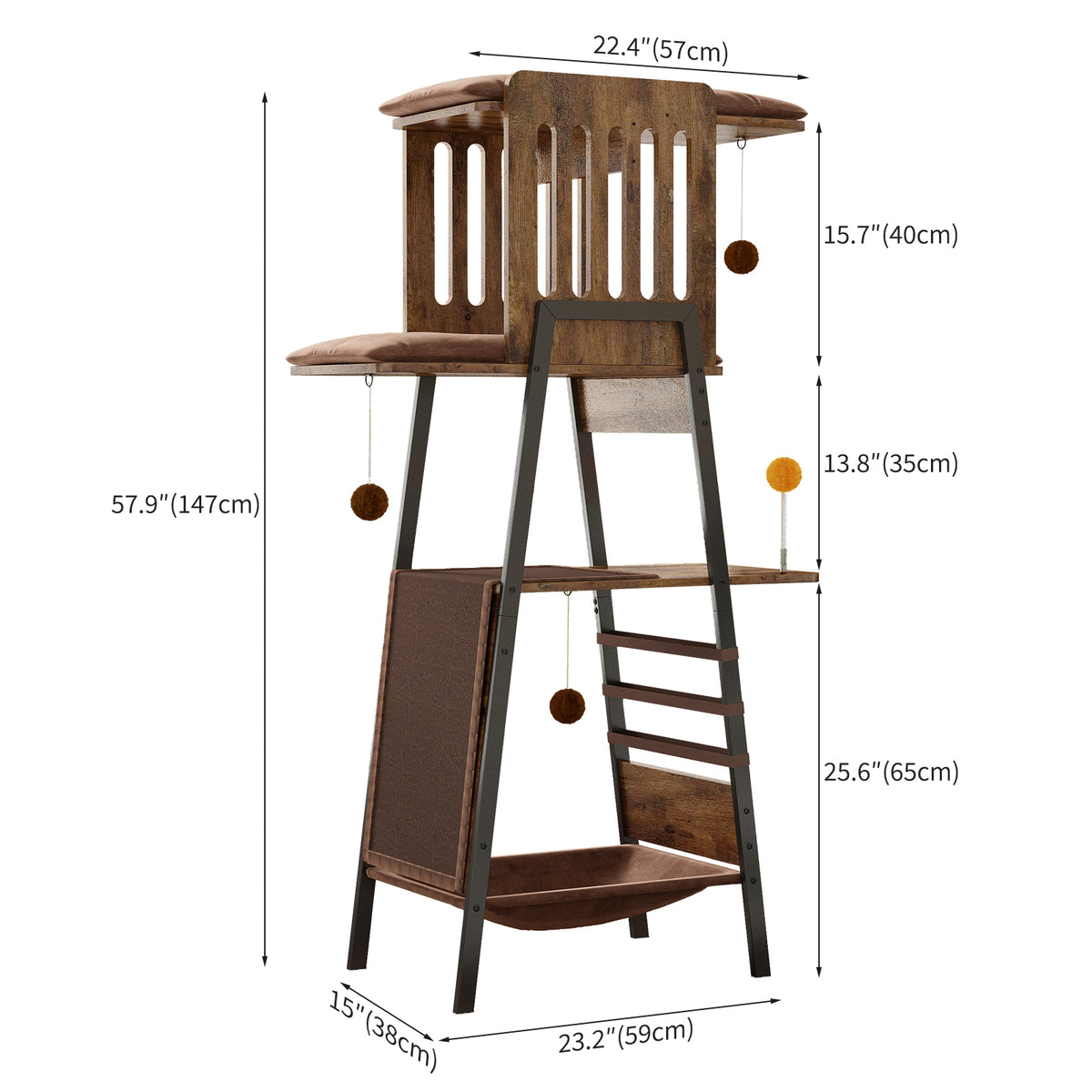 Modern Cat Tree, 58-Inch Cat Tower for Large Cats, Maine Coon Cat Tree with Scratching Board, Large Perch, Hammock and Removable Pads, Rustic Brown