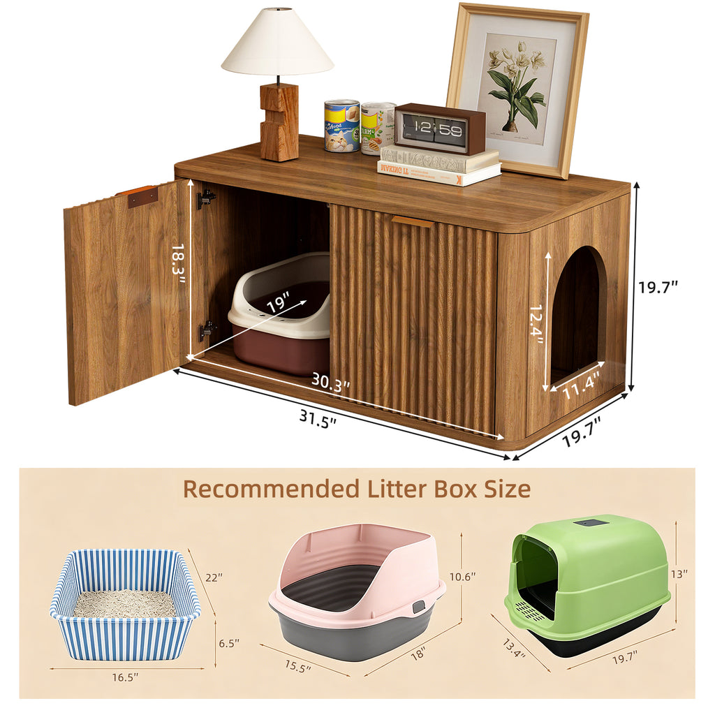 31.5" Walnut Cat Litter Box Enclosure Furniture, Large Decorative Hidden Litter Box Cabinet, Fluted Mid Century Modern Kitty End Table for Living Rooms, Bedrooms, Entryways (WALNUT)