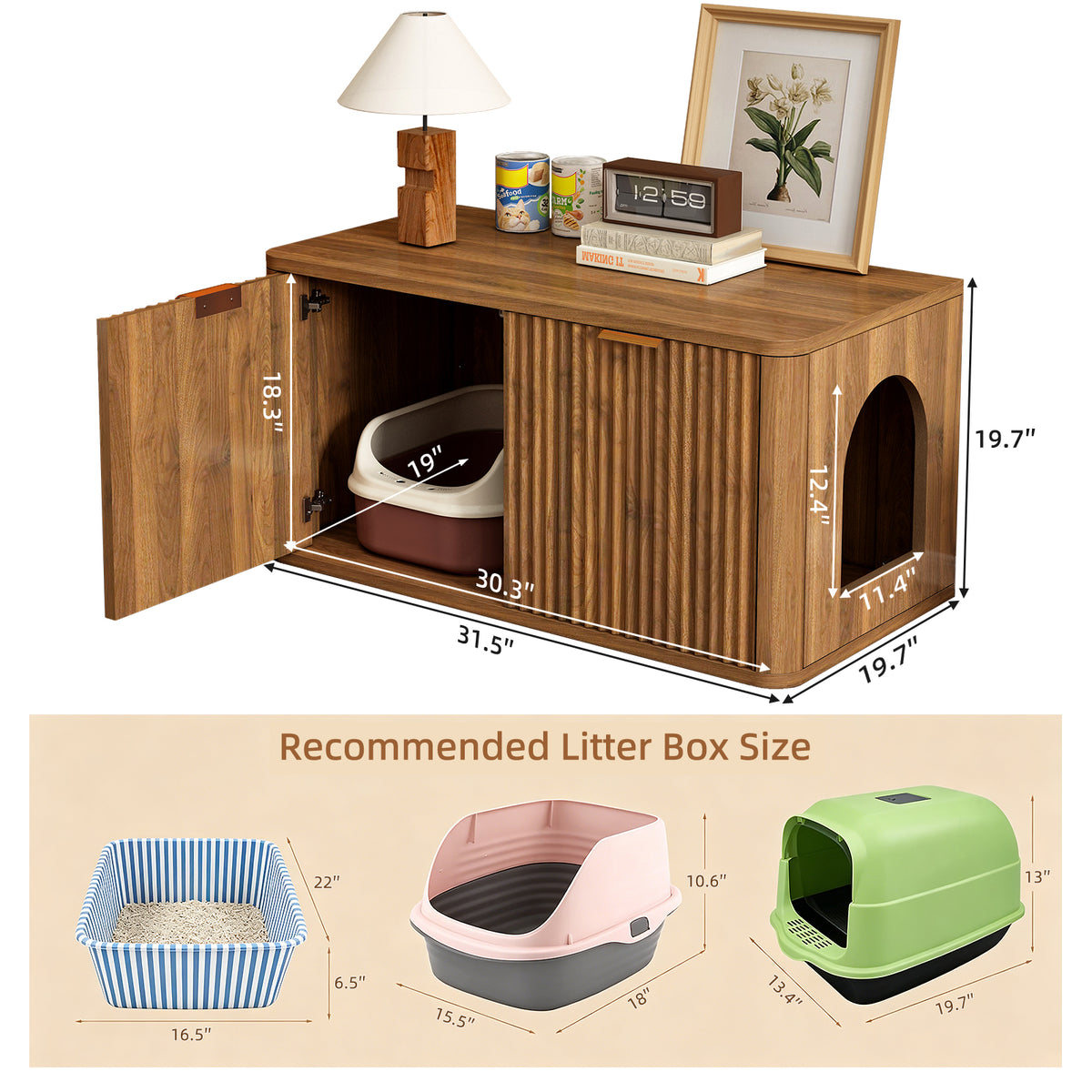 31.5" Walnut Cat Litter Box Enclosure Furniture, Large Decorative Hidden Litter Box Cabinet, Fluted Mid Century Modern Kitty End Table for Living Rooms, Bedrooms, Entryways (WALNUT)
