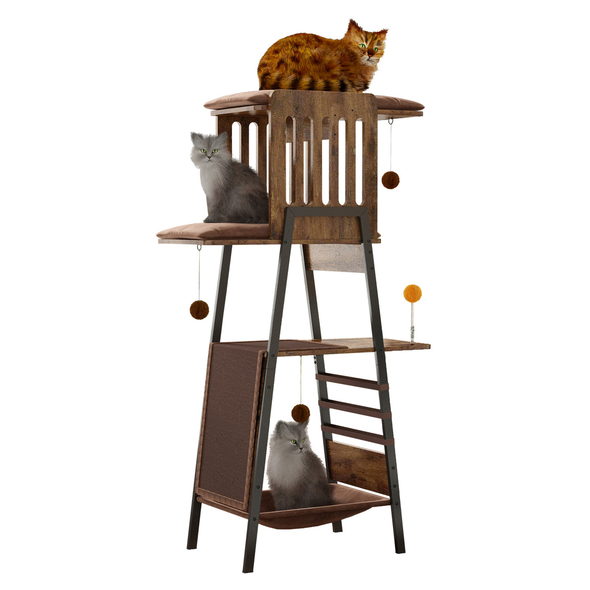 Modern Cat Tree, 58-Inch Cat Tower for Large Cats, Maine Coon Cat Tree with Scratching Board, Large Perch, Hammock and Removable Pads, Rustic Brown