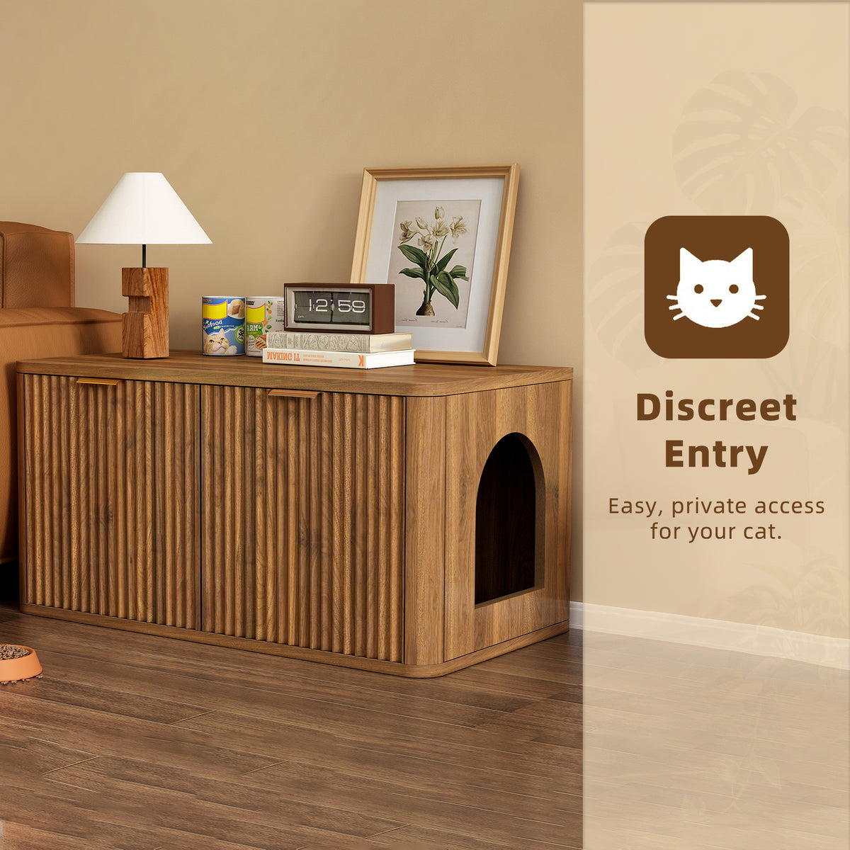 31.5" Walnut Cat Litter Box Enclosure Furniture, Large Decorative Hidden Litter Box Cabinet, Fluted Mid Century Modern Kitty End Table for Living Rooms, Bedrooms, Entryways (WALNUT)