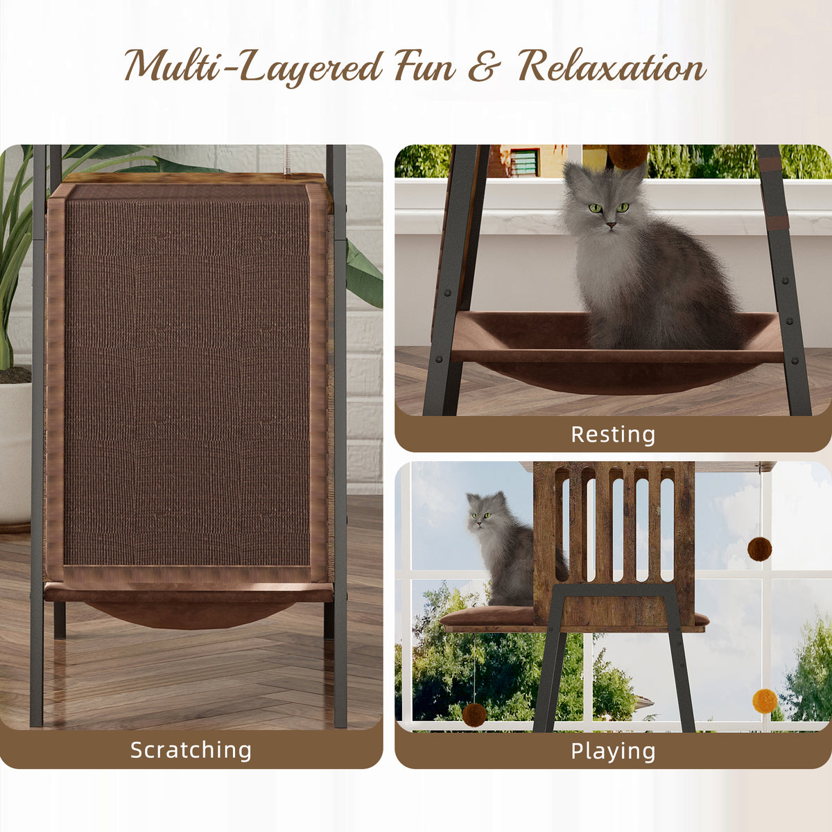 Modern Cat Tree, 58-Inch Cat Tower for Large Cats, Maine Coon Cat Tree with Scratching Board, Large Perch, Hammock and Removable Pads, Rustic Brown