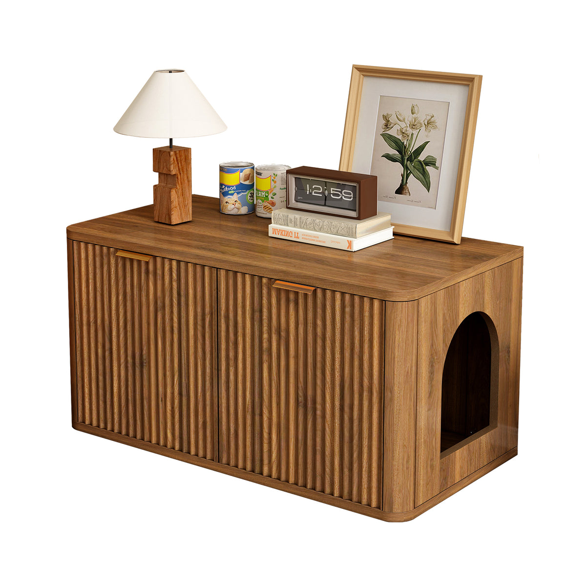 31.5" Walnut Cat Litter Box Enclosure Furniture, Large Decorative Hidden Litter Box Cabinet, Fluted Mid Century Modern Kitty End Table for Living Rooms, Bedrooms, Entryways (WALNUT)