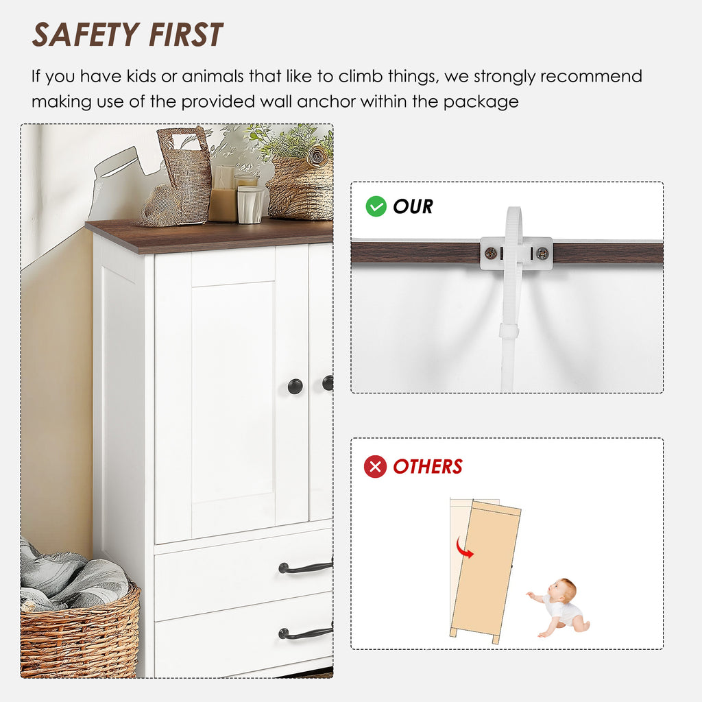 Dog feeding station, double door locker with 2 adjustable dog bowls, 3 hooks on right side, white