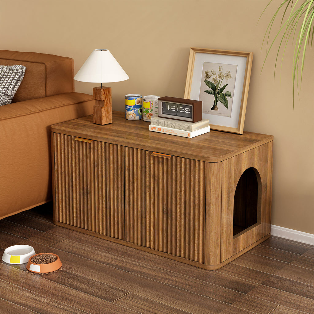 31.5" Walnut Cat Litter Box Enclosure Furniture, Large Decorative Hidden Litter Box Cabinet, Fluted Mid Century Modern Kitty End Table for Living Rooms, Bedrooms, Entryways (WALNUT)