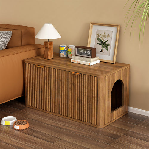 31.5" Walnut Cat Litter Box Enclosure Furniture, Large Decorative Hidden Litter Box Cabinet, Fluted Mid Century Modern Kitty End Table for Living Rooms, Bedrooms, Entryways (WALNUT)