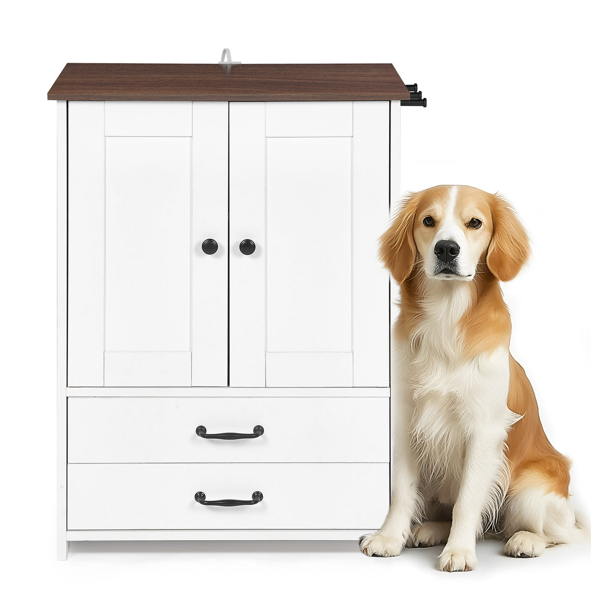 Dog feeding station, double door locker with 2 adjustable dog bowls, 3 hooks on right side, white