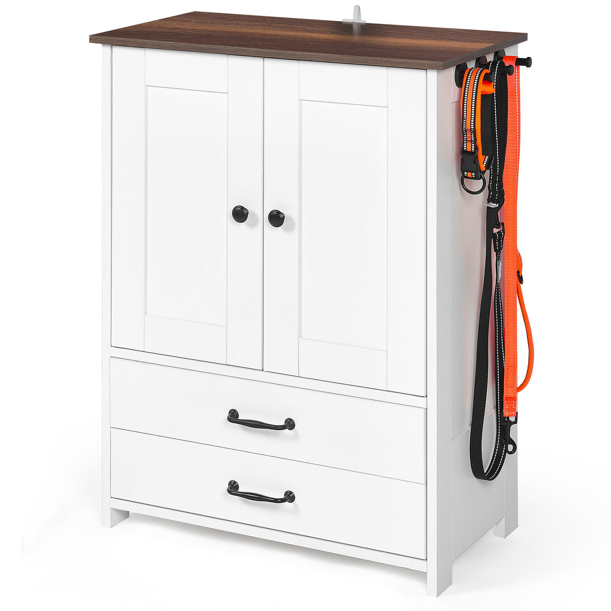 Dog feeding station, double door locker with 2 adjustable dog bowls, 3 hooks on right side, white