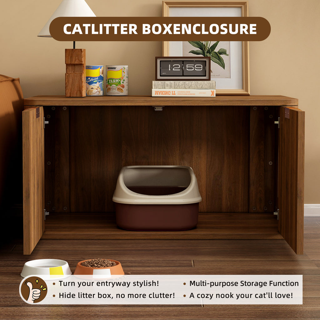 31.5" Walnut Cat Litter Box Enclosure Furniture, Large Decorative Hidden Litter Box Cabinet, Fluted Mid Century Modern Kitty End Table for Living Rooms, Bedrooms, Entryways (WALNUT)